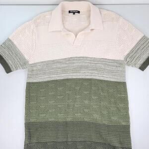 Karl Lagerfeld Polo Shirt Men's Large Green White Beige 100% Cotton Crochet Knit
